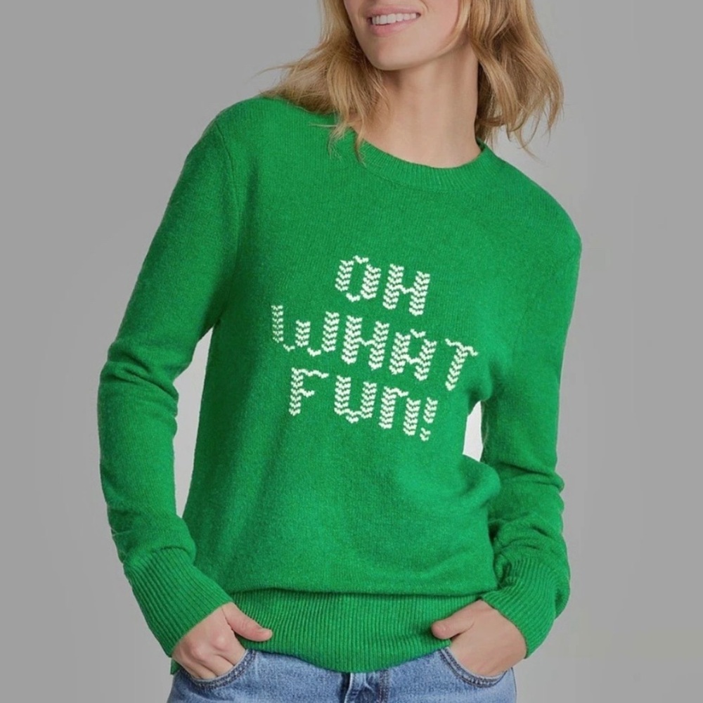 PINK Victoria's Secret Green 'Oh What Fun!' Crewneck Sweater L